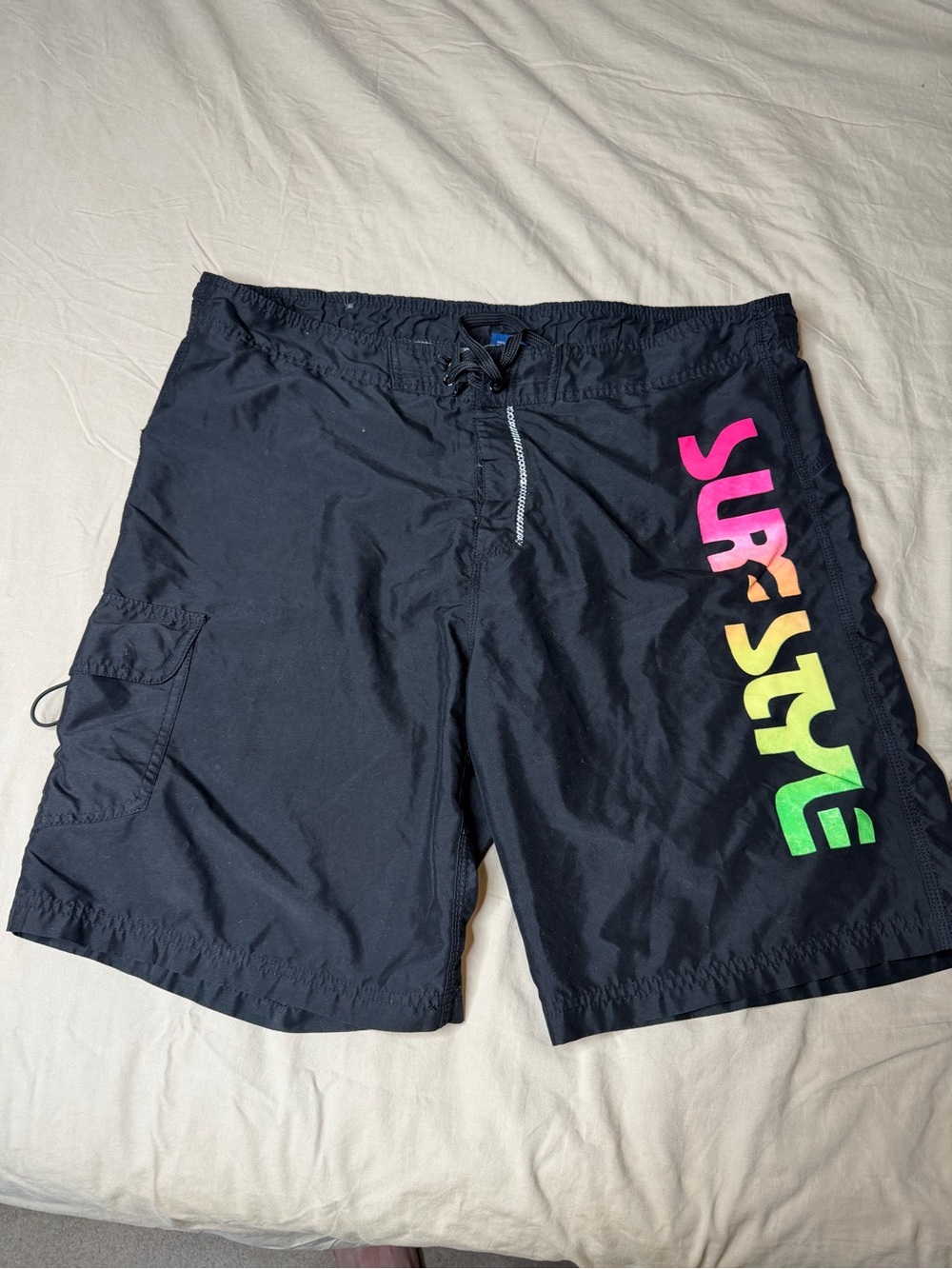surf style Black Swim Board Shorts with Neon Gradient Logo